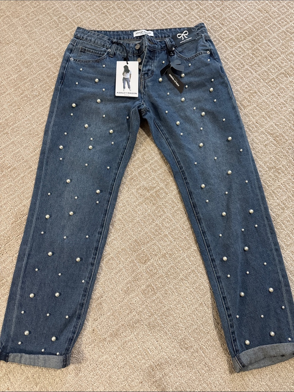 Ashley Mason Navy Blue Pearl-Embellished Boyfriend Jeans